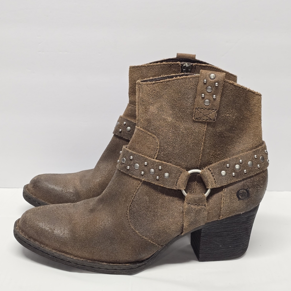 Born Brown Suede Western Ankle Boots with Studded Harness